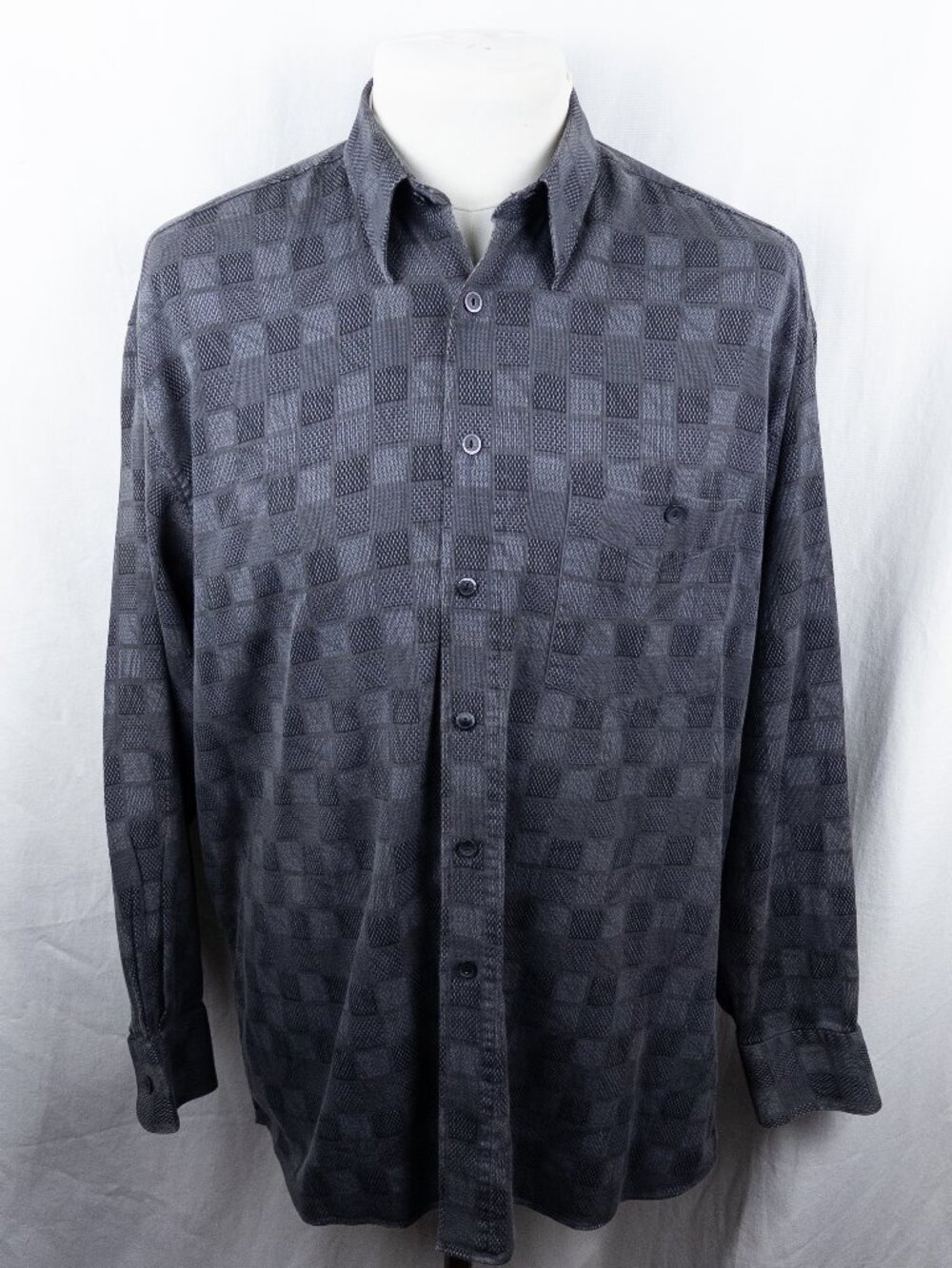 Baracuta Grey Geometric Check Button Down Shirt Large Cotton Casual